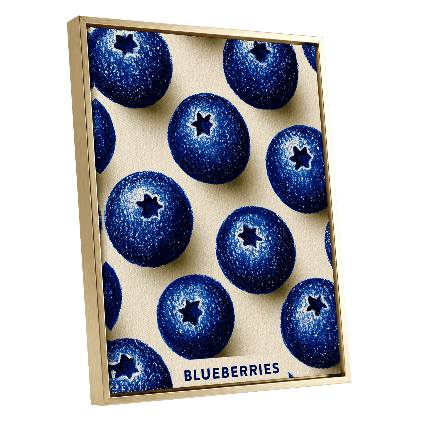 Blueberry Rhythm, blue, beige, black nature wall art shown as a gold framed canvas wall art