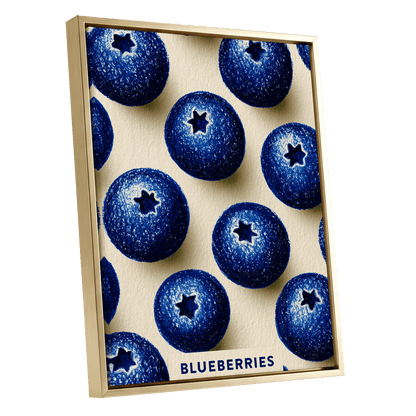 Blueberry Rhythm, blue, beige, black nature wall art shown as a gold framed canvas wall art