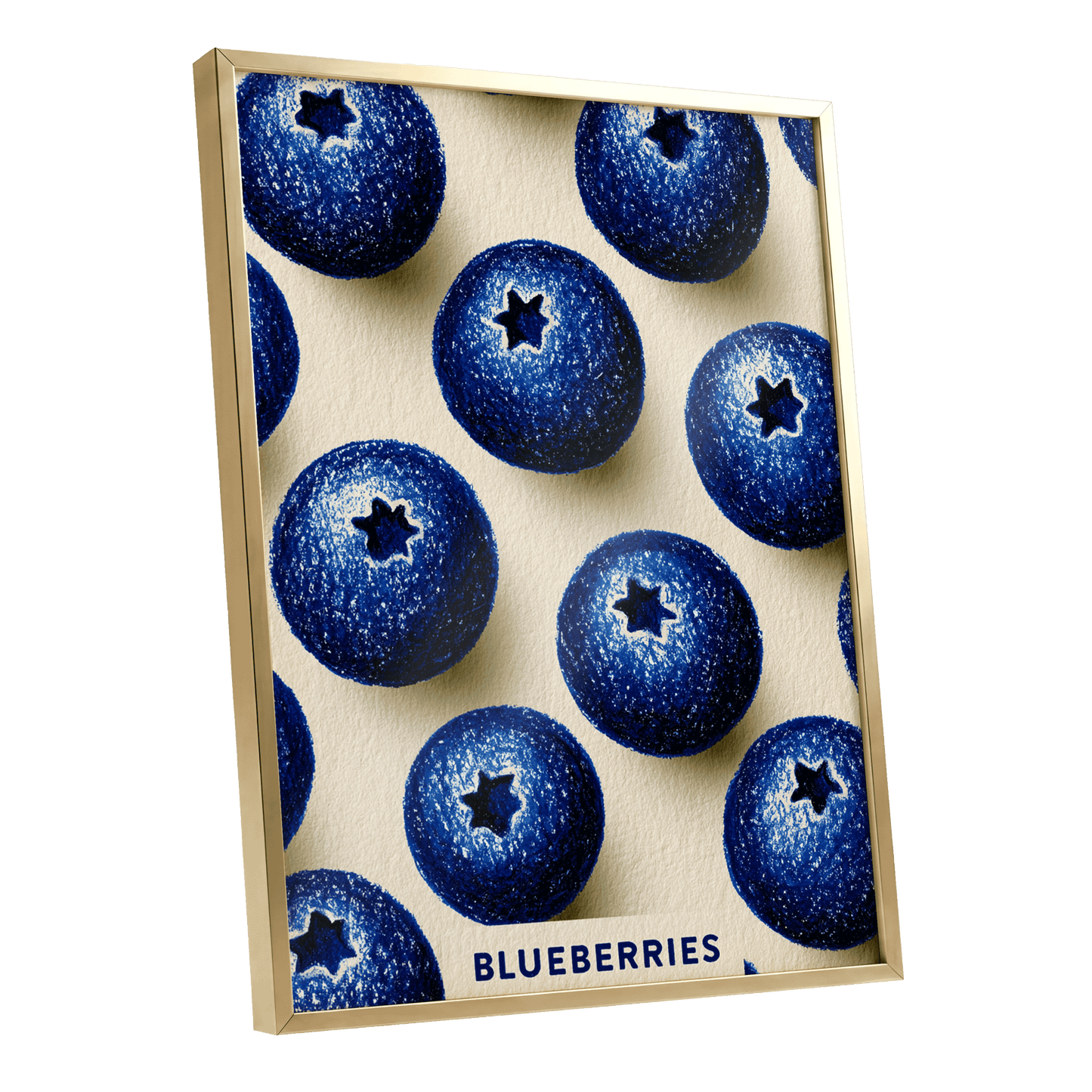 Blueberry Rhythm, blue, beige, black nature wall art shown as a gold framed poster wall art print