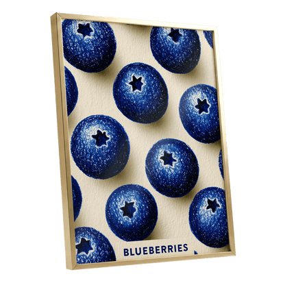 Blueberry Rhythm, blue, beige, black nature wall art shown as a gold framed poster wall art print
