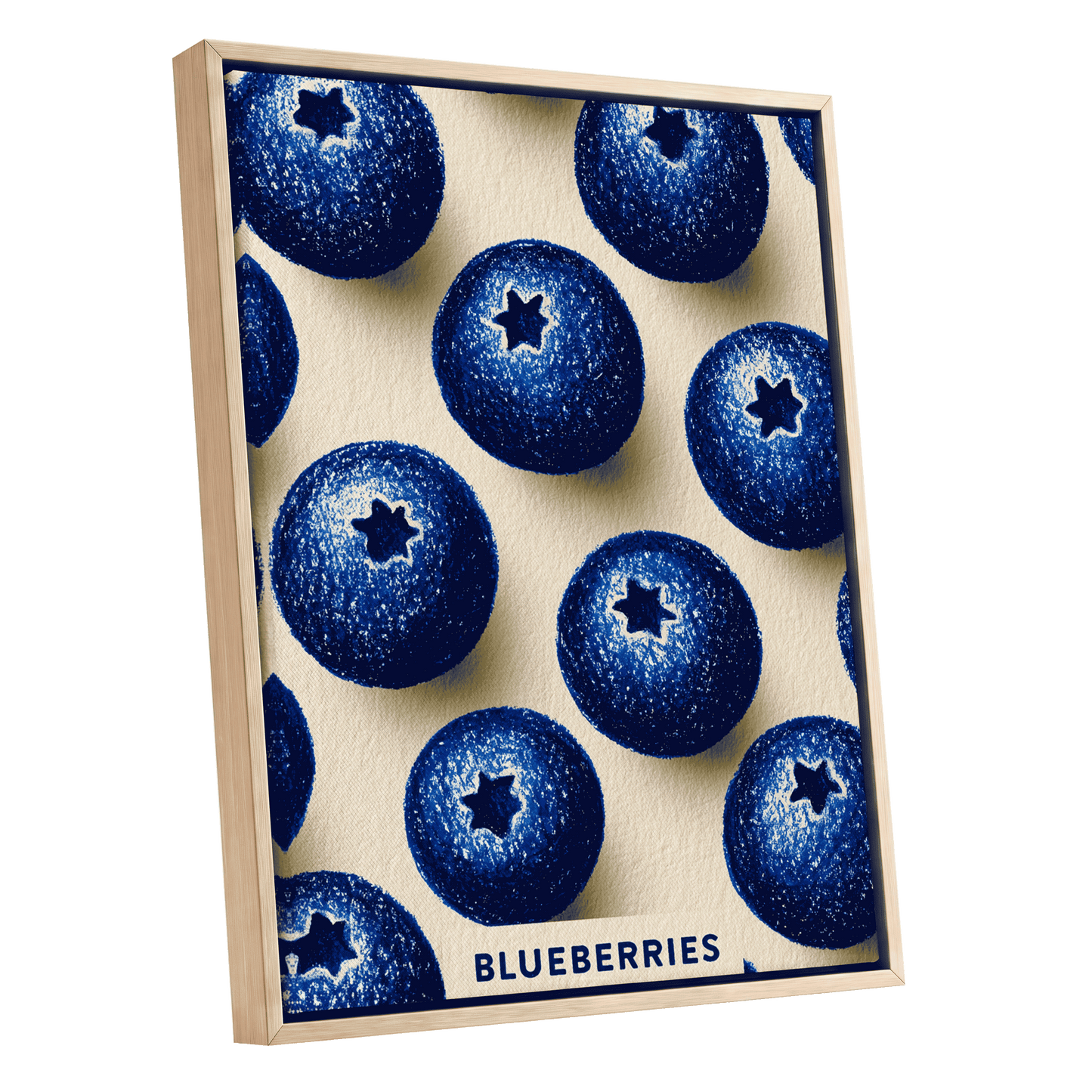 Blueberry Rhythm, blue, beige, black nature wall art shown as a oak framed canvas wall art