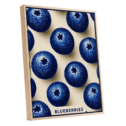 Blueberry Rhythm, blue, beige, black nature wall art shown as a oak framed canvas wall art