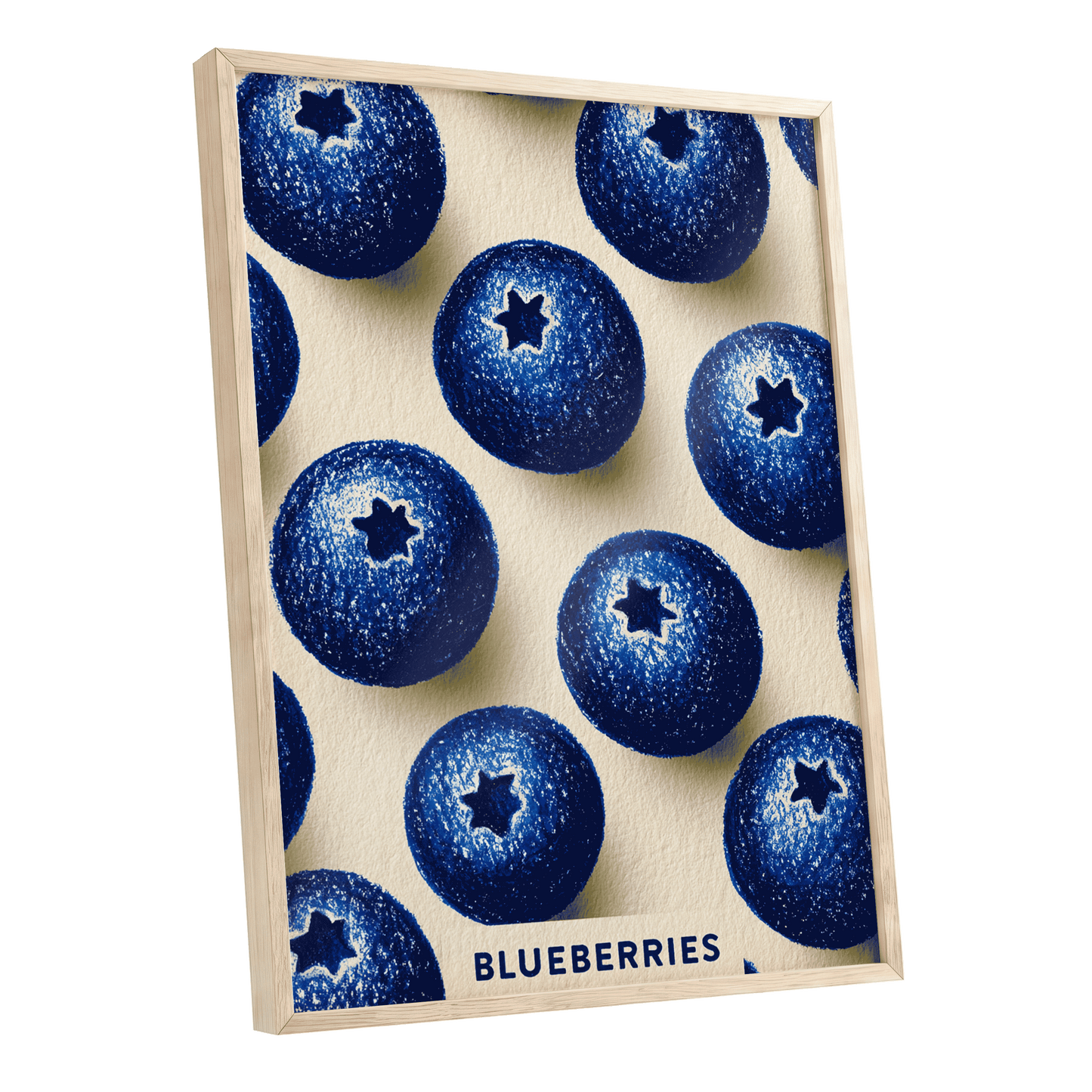 Blueberry Rhythm, blue, beige, black nature wall art shown as a oak framed poster wall art print