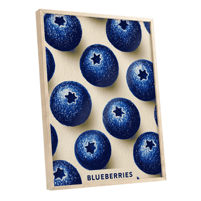 Blueberry Rhythm, blue, beige, black nature wall art shown as a oak framed poster wall art print