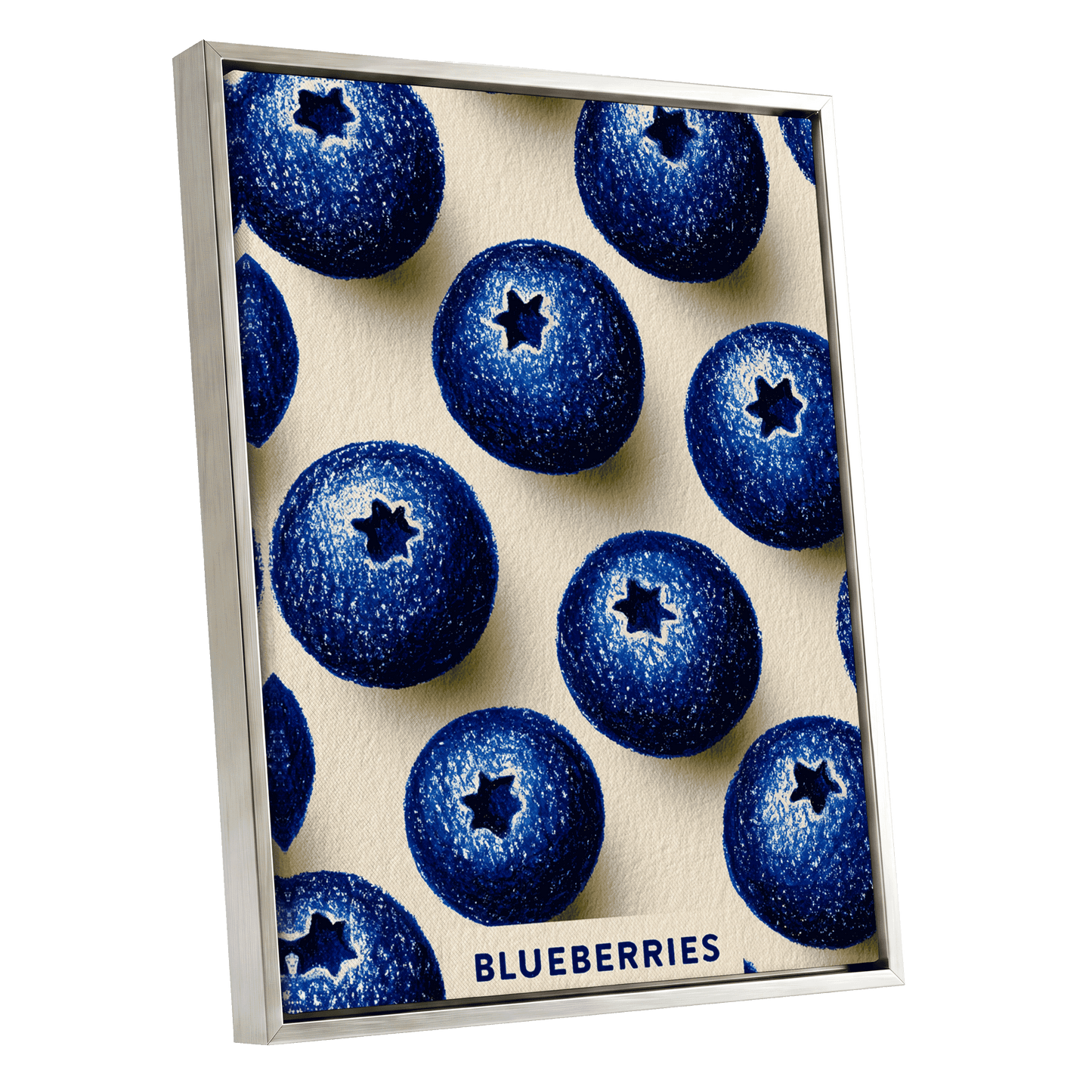 Blueberry Rhythm, blue, beige, black nature wall art shown as a silver framed canvas wall art