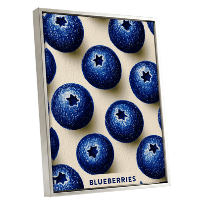 Blueberry Rhythm, blue, beige, black nature wall art shown as a silver framed canvas wall art