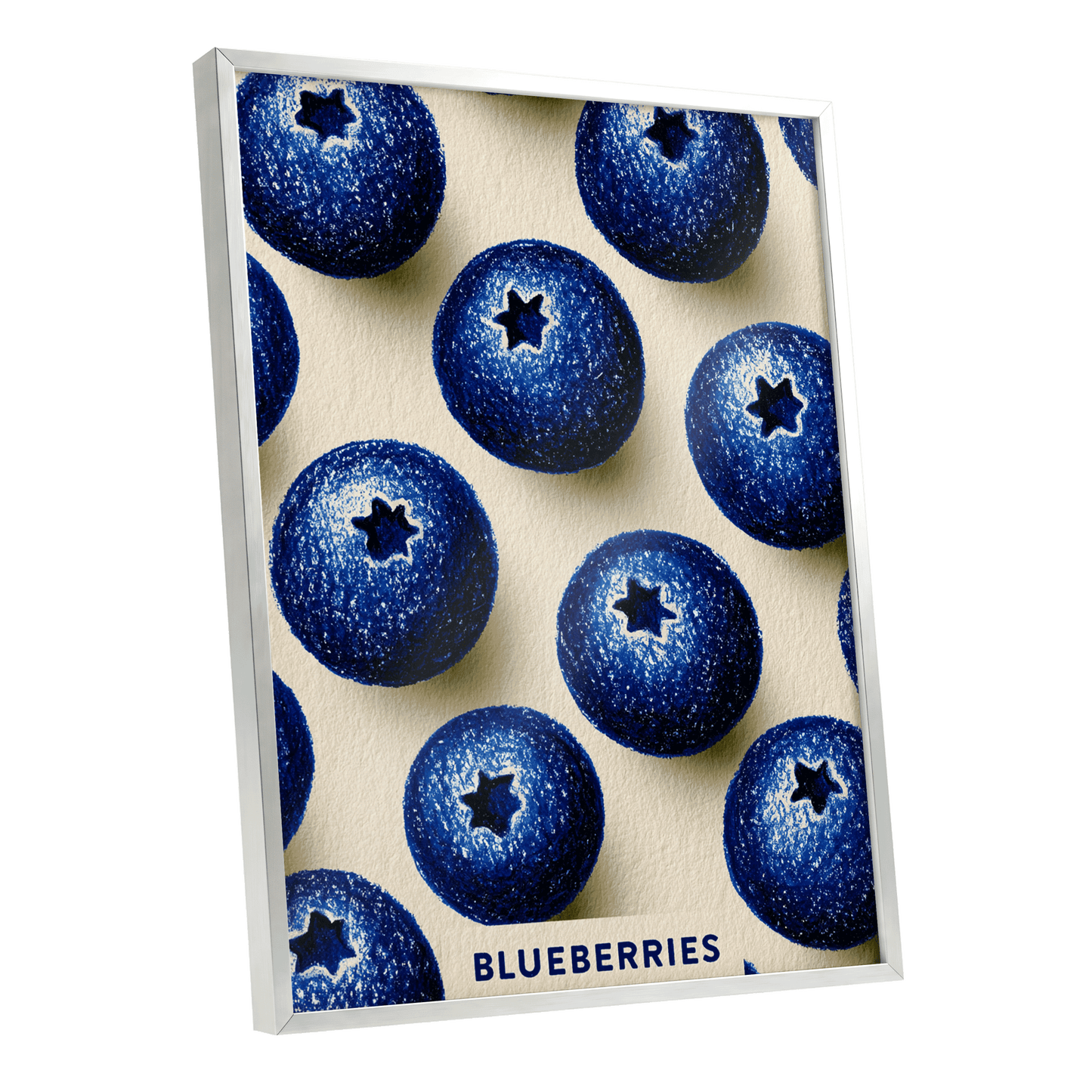 Blueberry Rhythm, blue, beige, black nature wall art shown as a silver framed poster wall art print