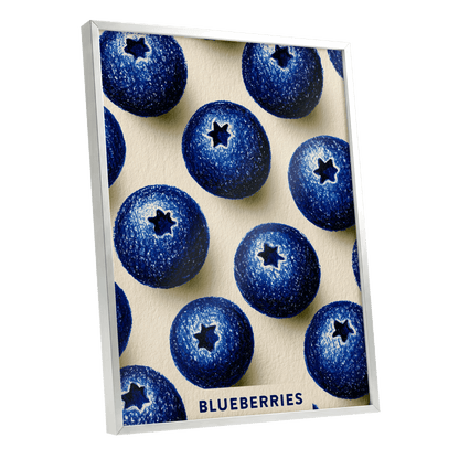 Blueberry Rhythm, blue, beige, black nature wall art shown as a silver framed poster wall art print