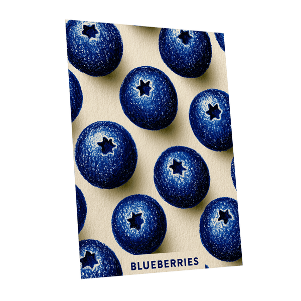 Blueberry Rhythm, blue, beige, black nature wall art shown as a unframed poster wall art print