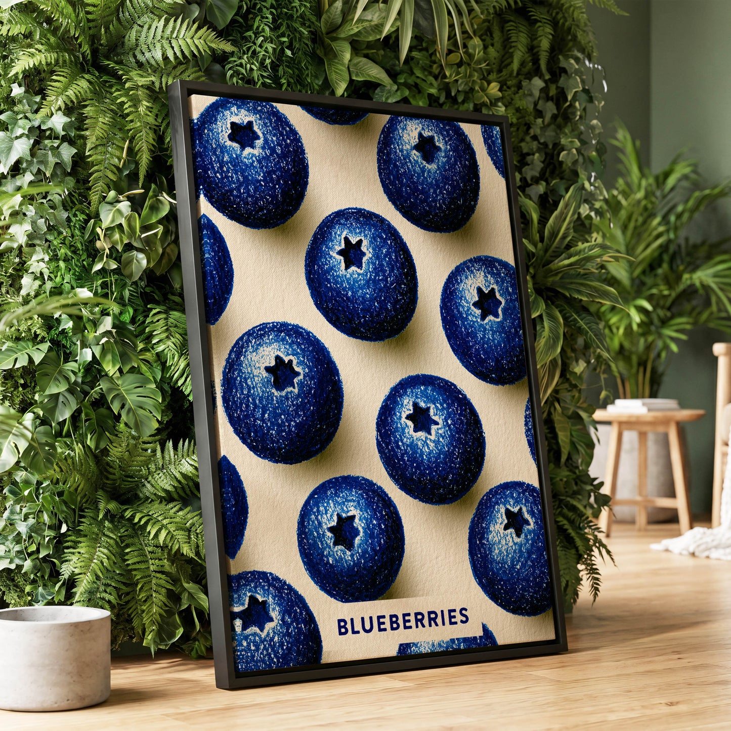 Blueberry Rhythm, blue, beige, black nature wall art displayed in a styled interior, gallery view 1