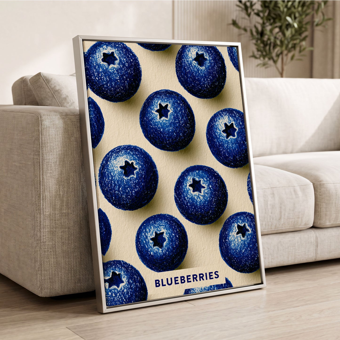 Blueberry Rhythm, blue, beige, black nature wall art displayed in a styled interior, gallery view 2