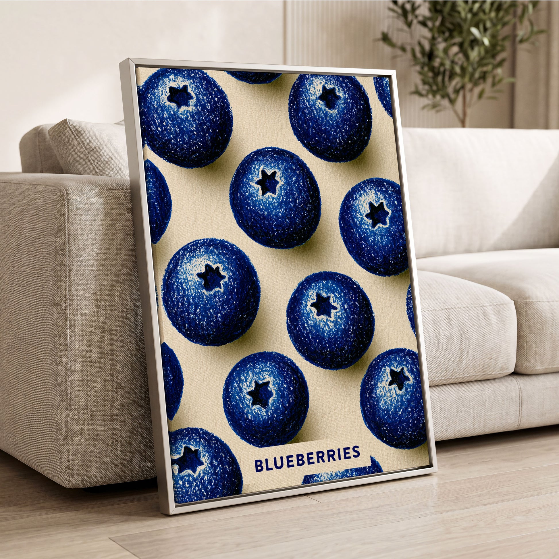 Blueberry Rhythm, blue, beige, black nature wall art displayed in a styled interior, gallery view 2
