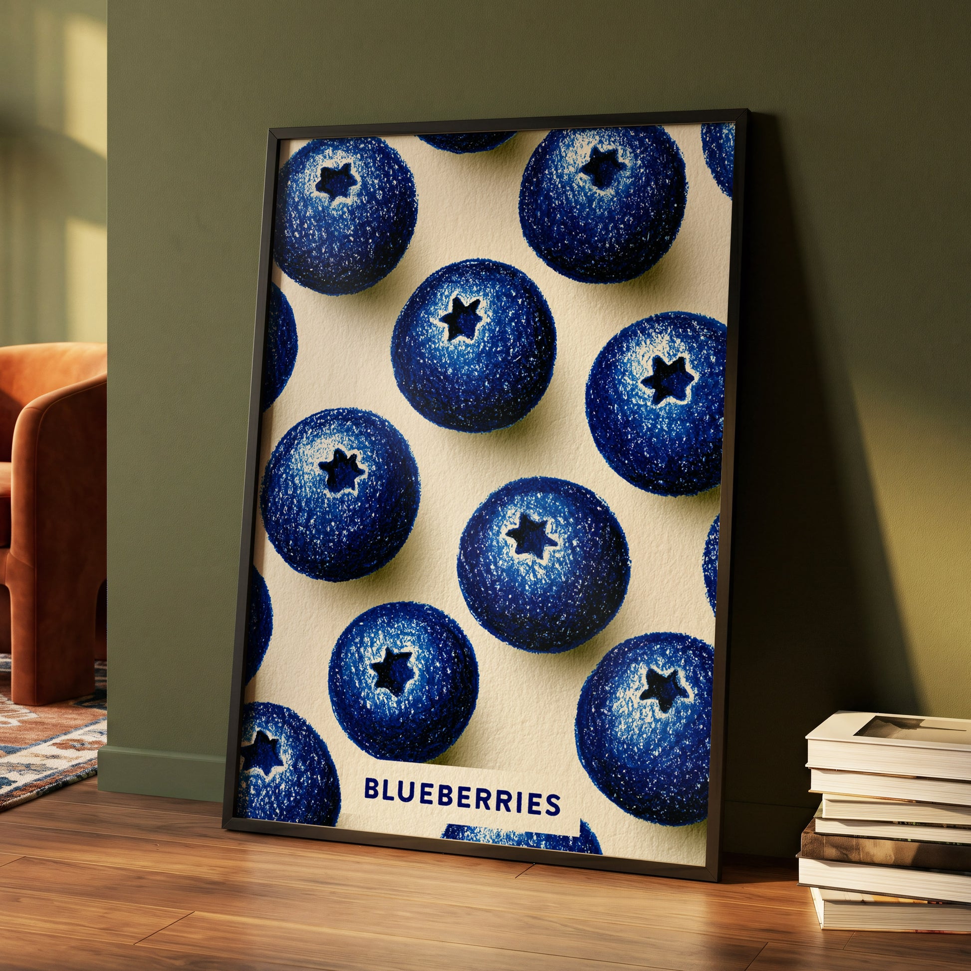 Blueberry Rhythm, blue, beige, black nature wall art displayed in a styled interior, gallery view 4
