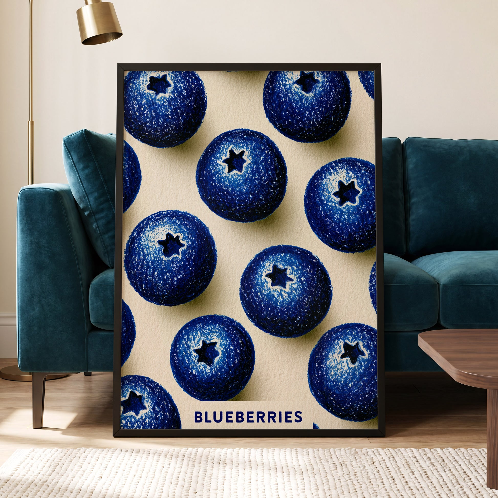 Blueberry Rhythm, blue, beige, black nature wall art displayed in a styled interior, gallery view 6
