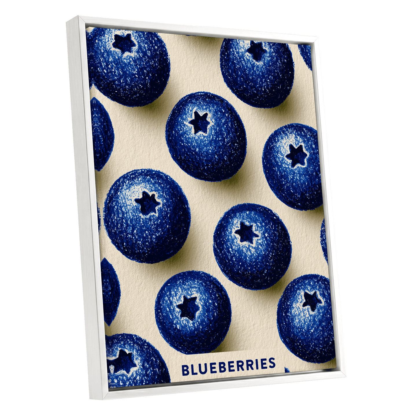 Blueberry Rhythm, blue, beige, black nature wall art shown as a white framed canvas wall art