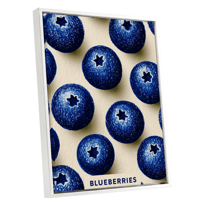 Blueberry Rhythm, blue, beige, black nature wall art shown as a white framed canvas wall art
