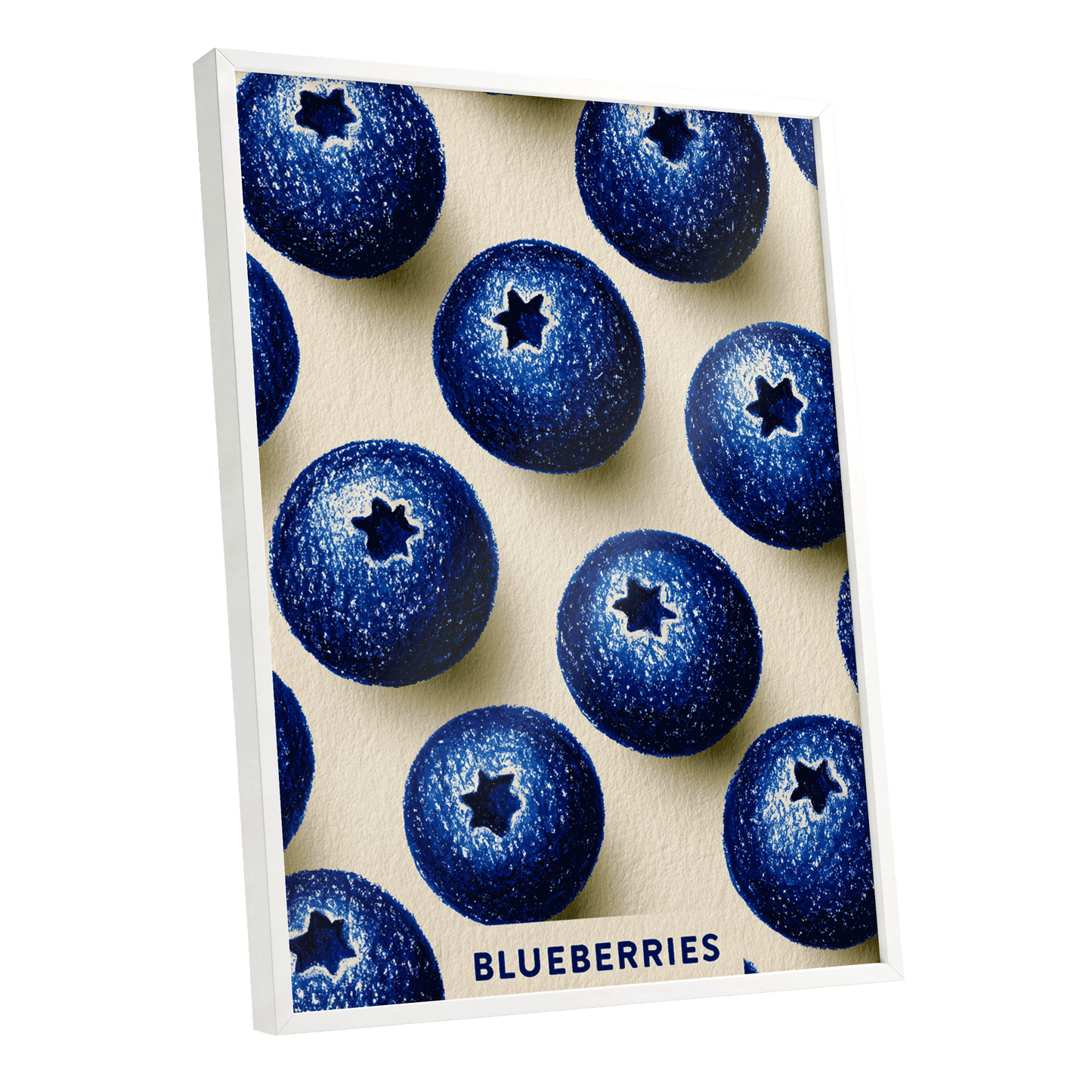 Blueberry Rhythm, blue, beige, black nature wall art shown as a white framed poster wall art print