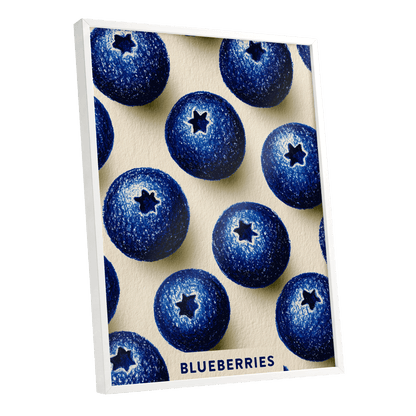 Blueberry Rhythm, blue, beige, black nature wall art shown as a white framed poster wall art print