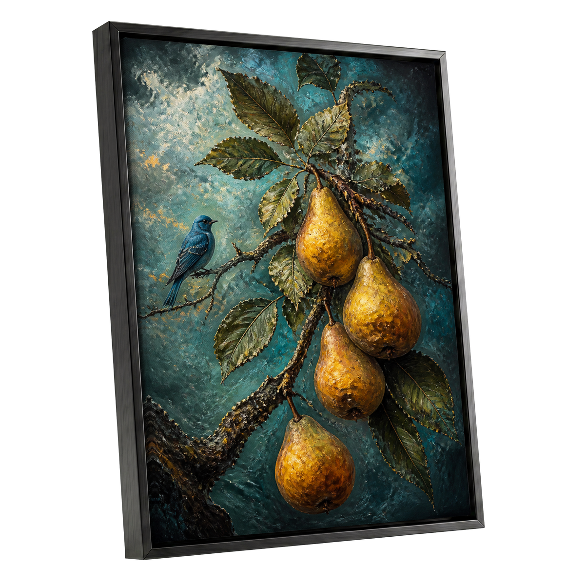 Bluebird and Golden Pears, blue, green, gold nature wall art shown as a black framed canvas wall art