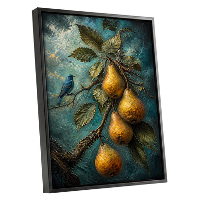 Bluebird and Golden Pears, blue, green, gold nature wall art shown as a black framed canvas wall art