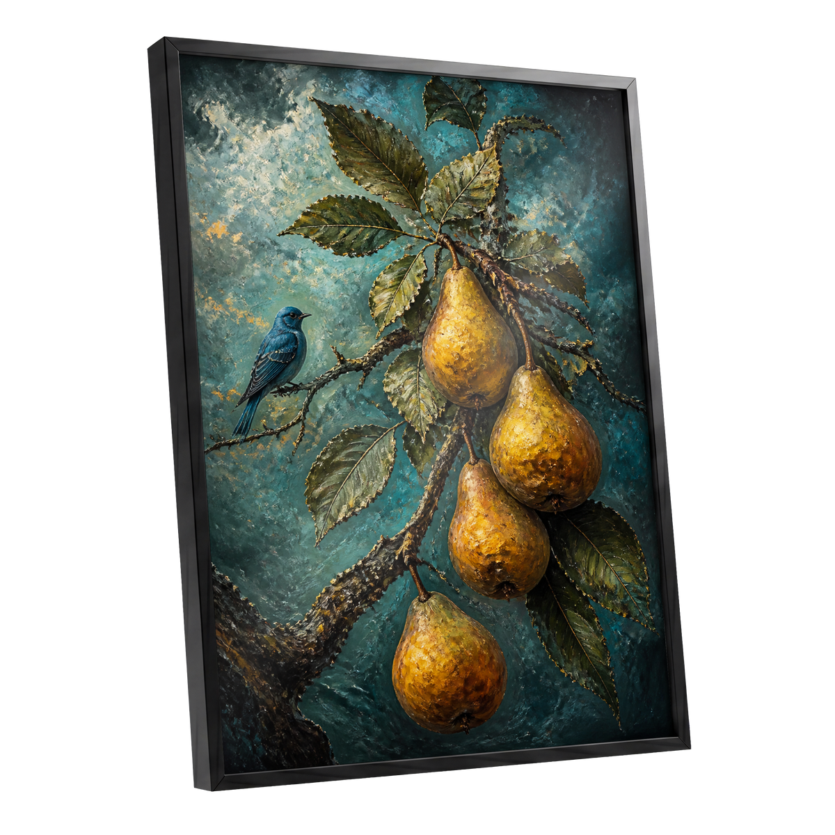 Bluebird and Golden Pears, blue, green, gold nature wall art shown as a black framed poster wall art print