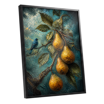 Bluebird and Golden Pears, blue, green, gold nature wall art shown as a black framed poster wall art print
