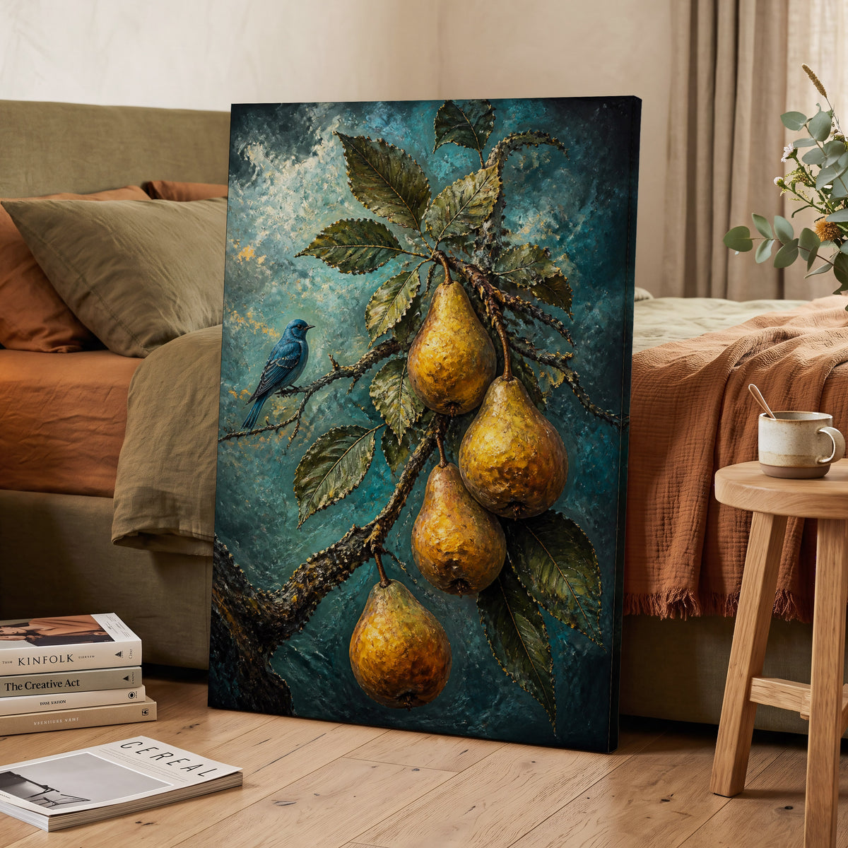 Bluebird and Golden Pears, blue, green, gold nature wall art on canvas displayed in a styled interior, gallery view 1