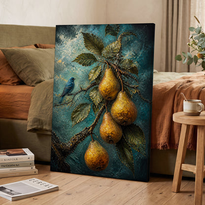 Bluebird and Golden Pears, blue, green, gold nature wall art on canvas displayed in a styled interior, gallery view 1