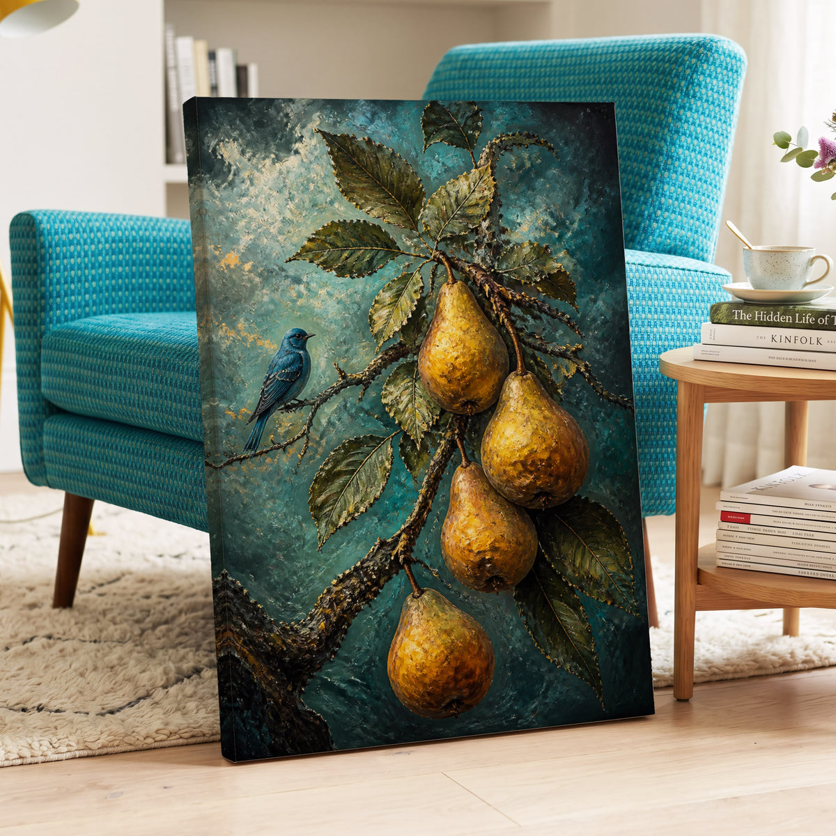 Bluebird and Golden Pears, blue, green, gold nature wall art on canvas displayed in a styled interior, gallery view 2