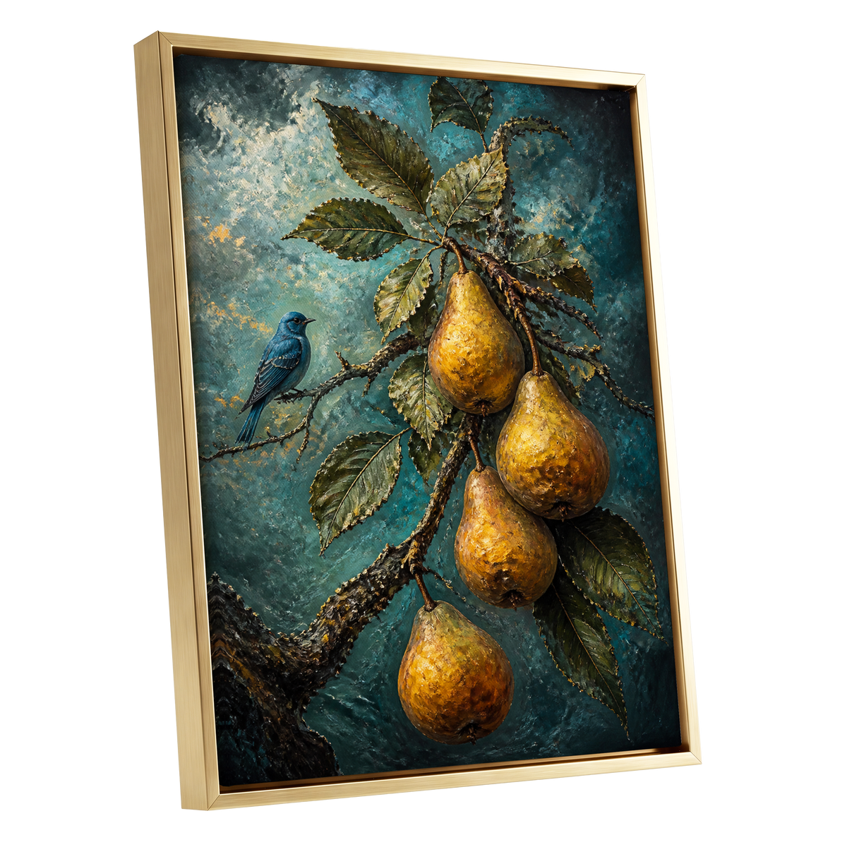 Bluebird and Golden Pears, blue, green, gold nature wall art shown as a gold framed canvas wall art