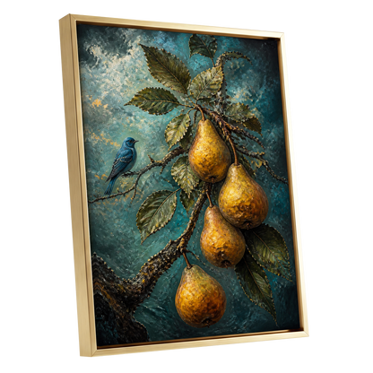 Bluebird and Golden Pears, blue, green, gold nature wall art shown as a gold framed canvas wall art