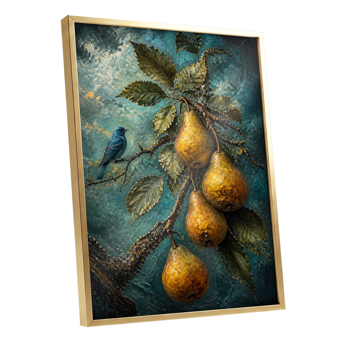 Bluebird and Golden Pears, blue, green, gold nature wall art shown as a gold framed poster wall art print