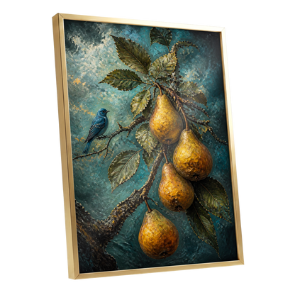 Bluebird and Golden Pears, blue, green, gold nature wall art shown as a gold framed poster wall art print