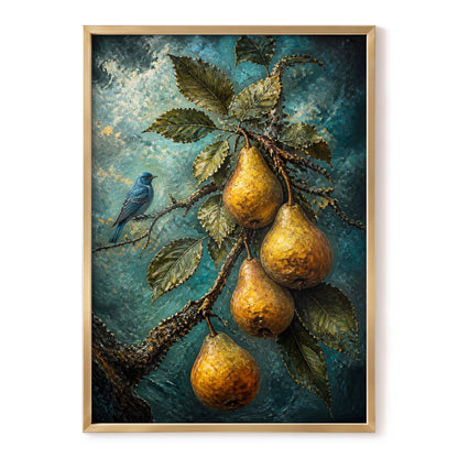 Bluebird and Golden Pears, blue, green, gold nature wall art, front artwork view