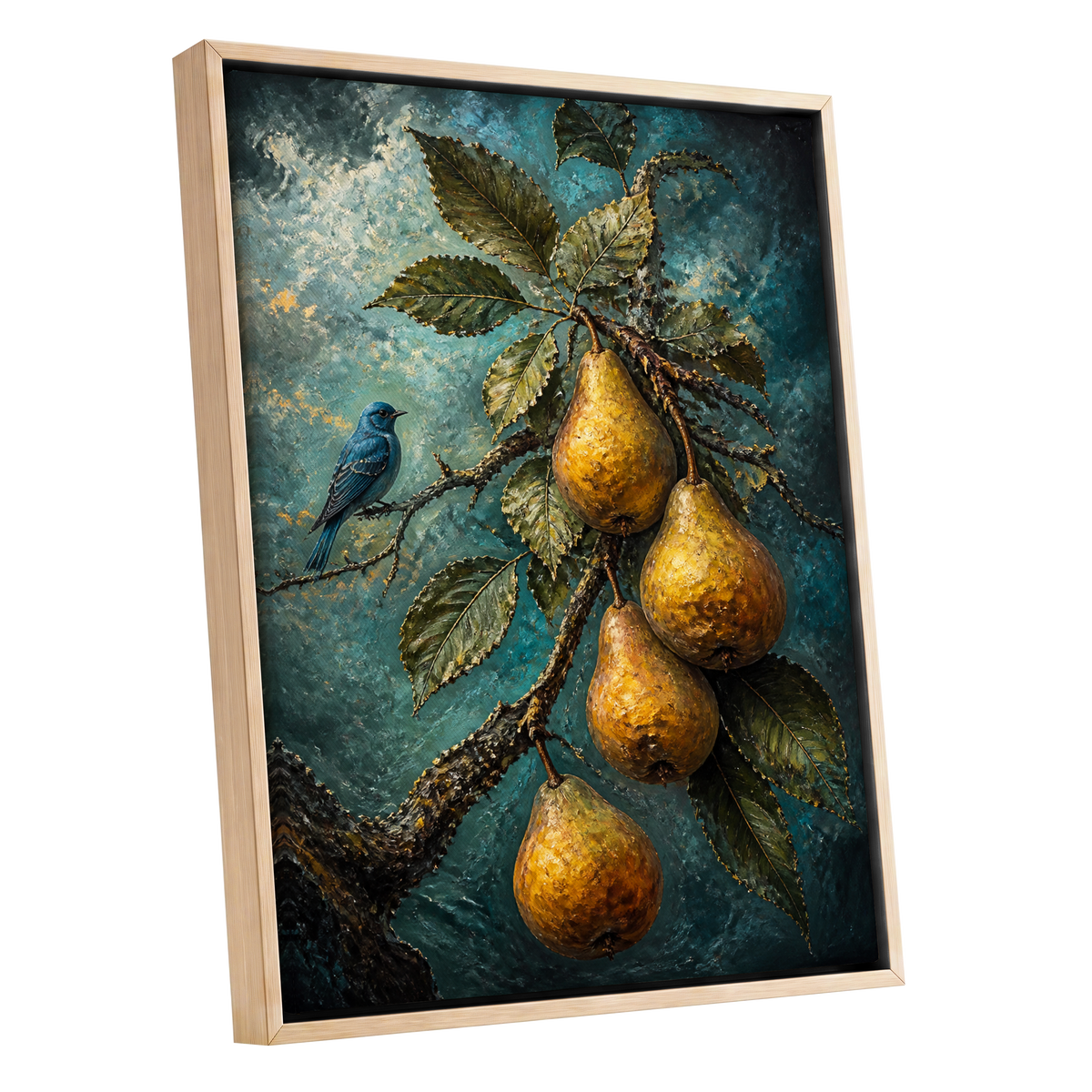 Bluebird and Golden Pears, blue, green, gold nature wall art shown as a oak framed canvas wall art