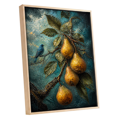 Bluebird and Golden Pears, blue, green, gold nature wall art shown as a oak framed canvas wall art