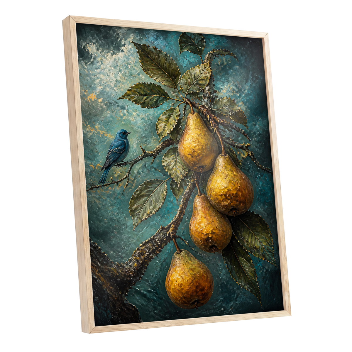 Bluebird and Golden Pears, blue, green, gold nature wall art shown as a oak framed poster wall art print