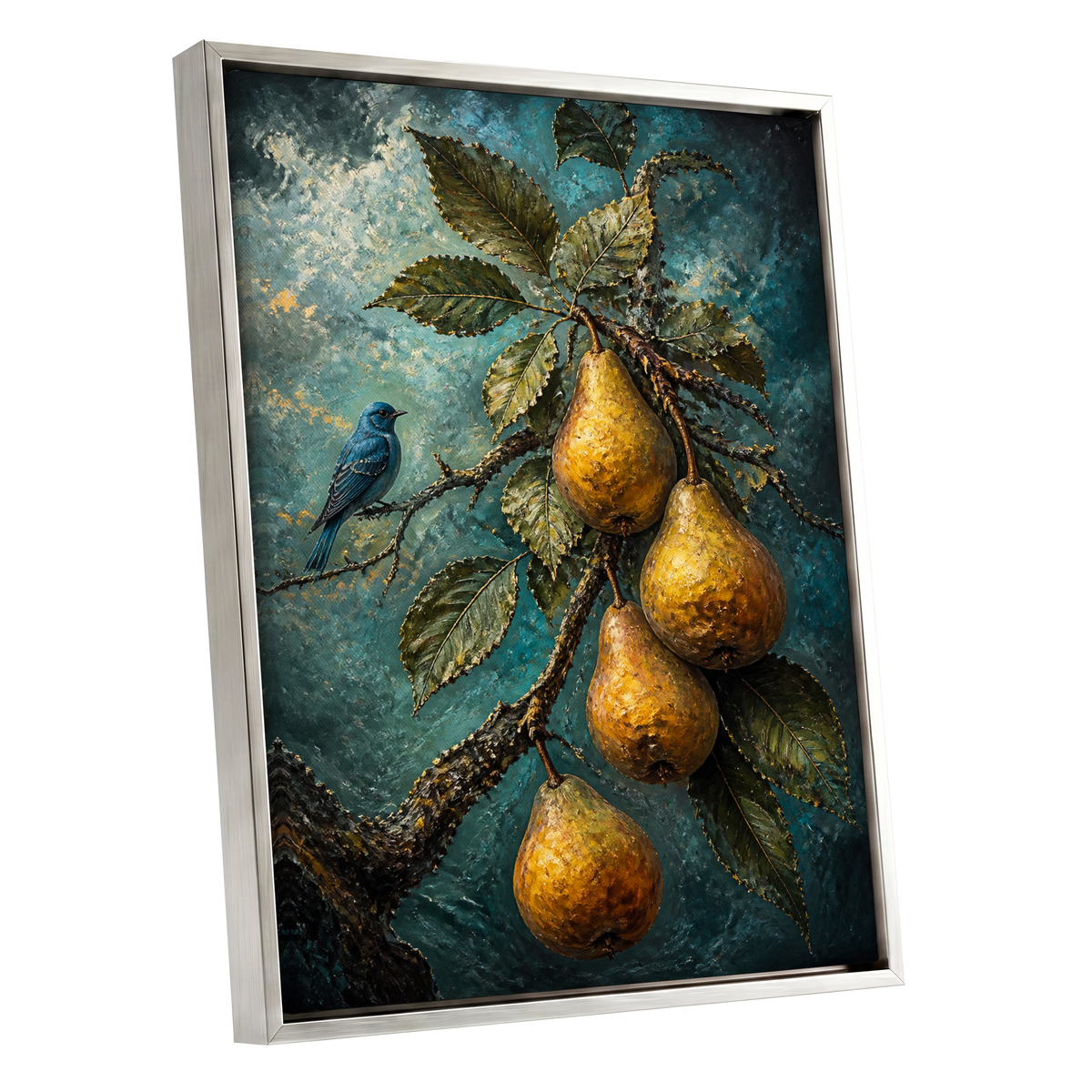Bluebird and Golden Pears, blue, green, gold nature wall art shown as a silver framed canvas wall art