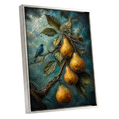 Bluebird and Golden Pears, blue, green, gold nature wall art shown as a silver framed canvas wall art