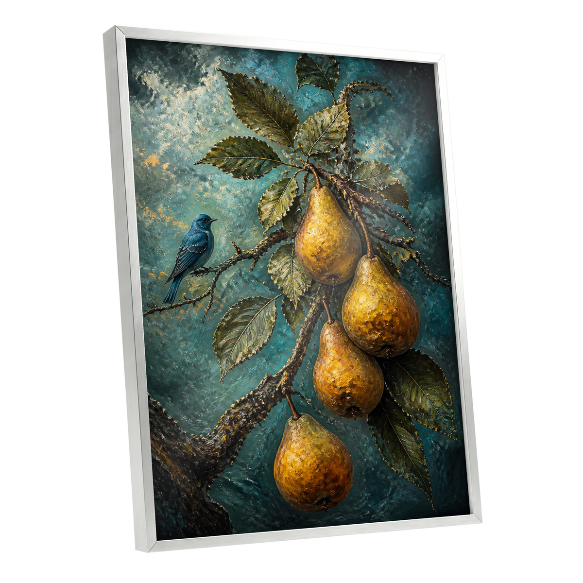 Bluebird and Golden Pears, blue, green, gold nature wall art shown as a silver framed poster wall art print