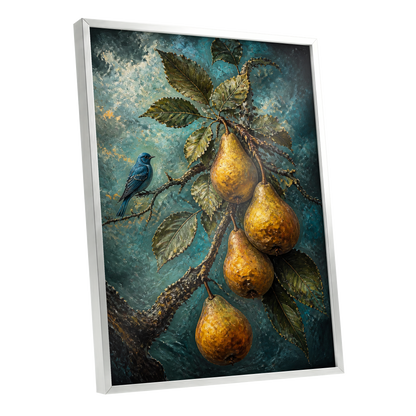 Bluebird and Golden Pears, blue, green, gold nature wall art shown as a silver framed poster wall art print