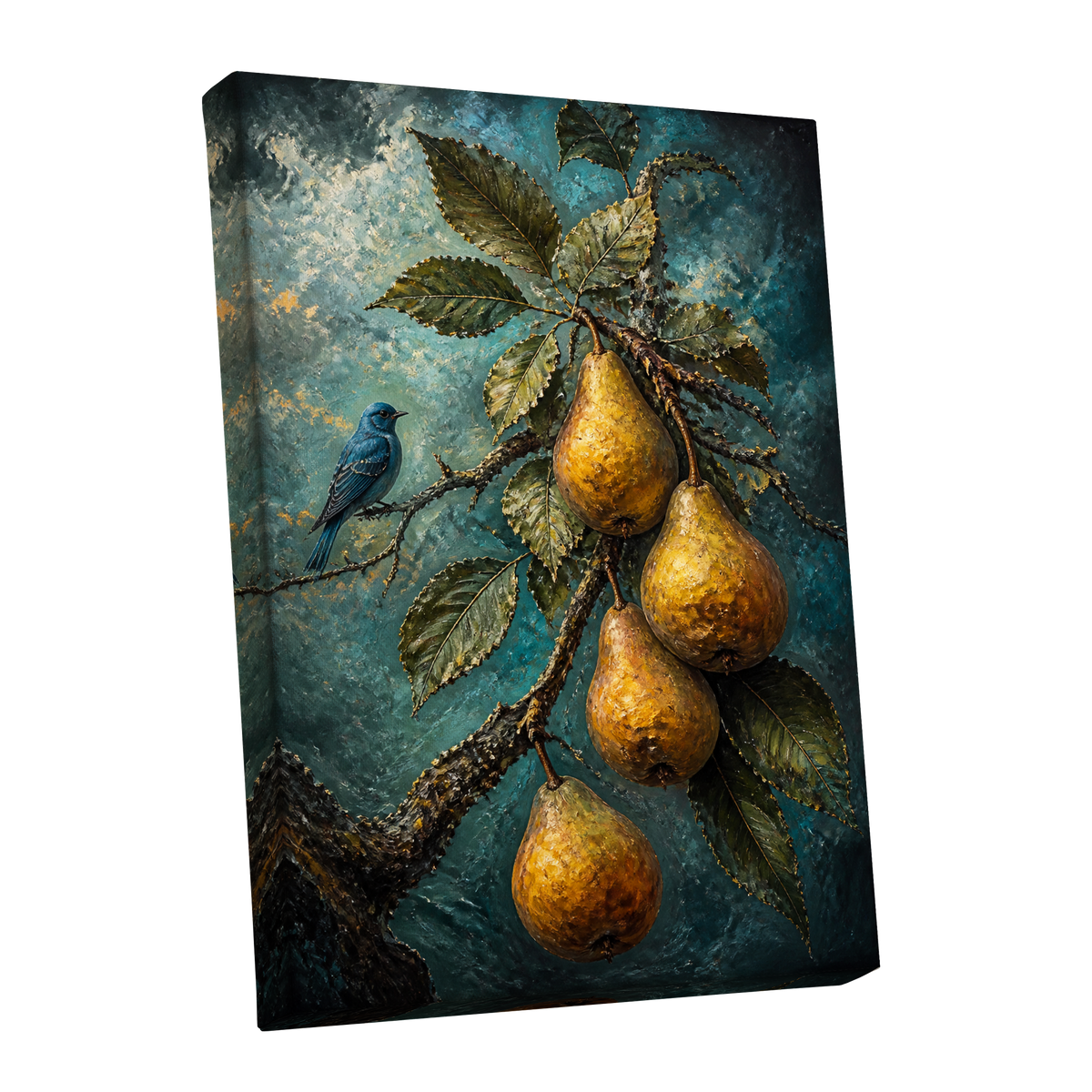 Bluebird and Golden Pears, blue, green, gold nature wall art shown as a stretched canvas wall art