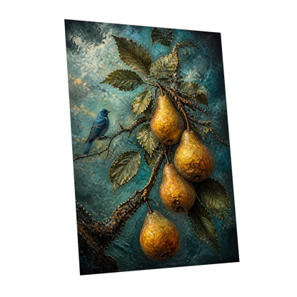 Bluebird and Golden Pears, blue, green, gold nature wall art shown as a unframed poster wall art print