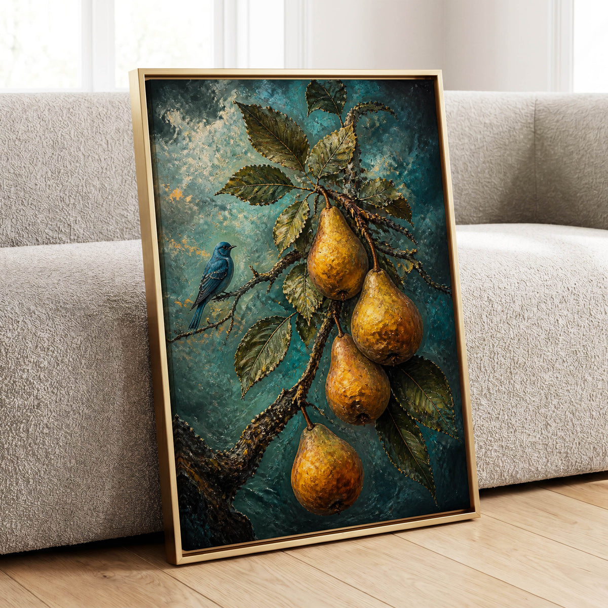 Bluebird and Golden Pears, blue, green, gold nature wall art displayed in a styled interior, gallery view 1