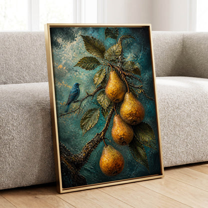 Bluebird and Golden Pears, blue, green, gold nature wall art displayed in a styled interior, gallery view 1