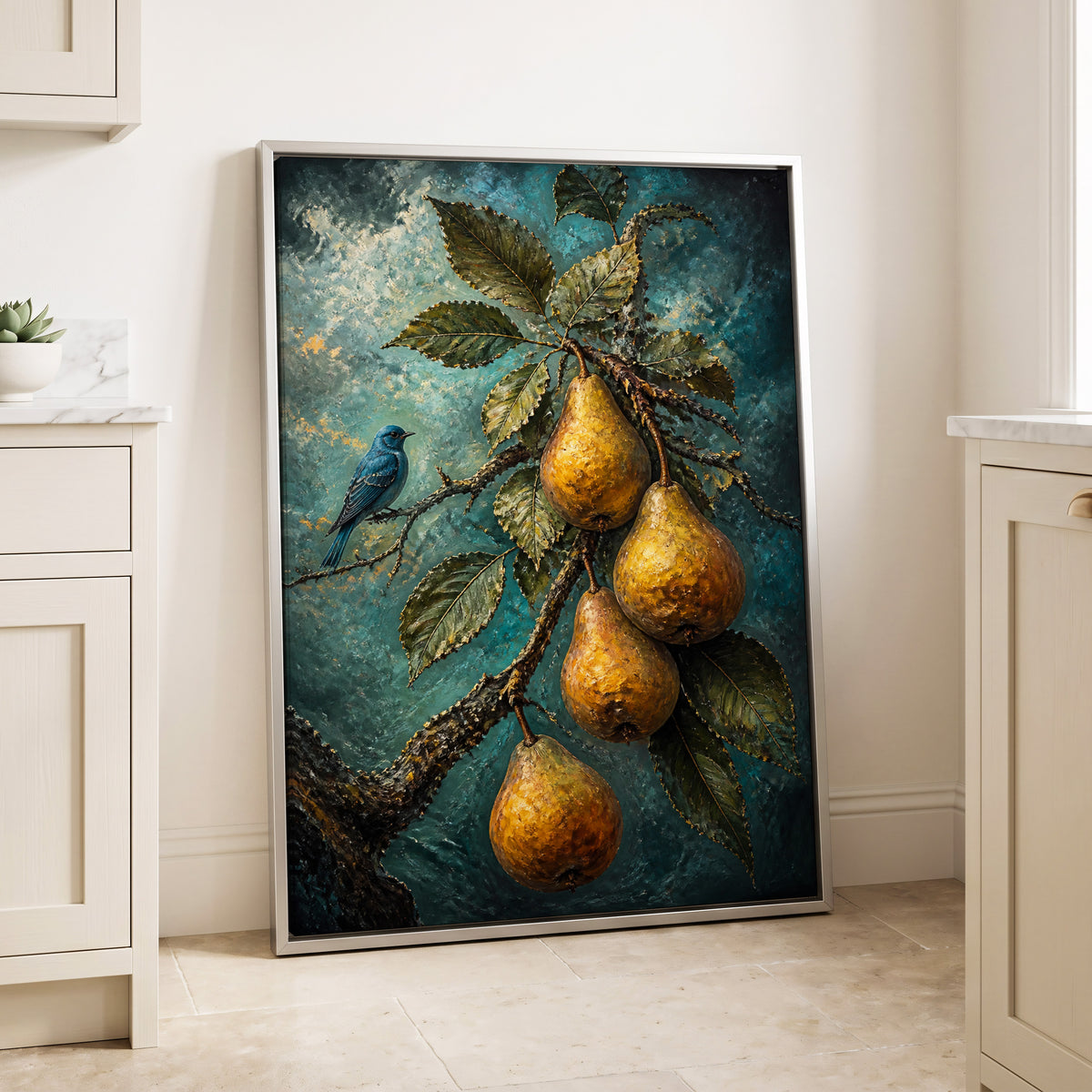 Bluebird and Golden Pears, blue, green, gold nature wall art displayed in a styled interior, gallery view 2