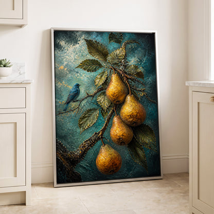 Bluebird and Golden Pears, blue, green, gold nature wall art displayed in a styled interior, gallery view 2