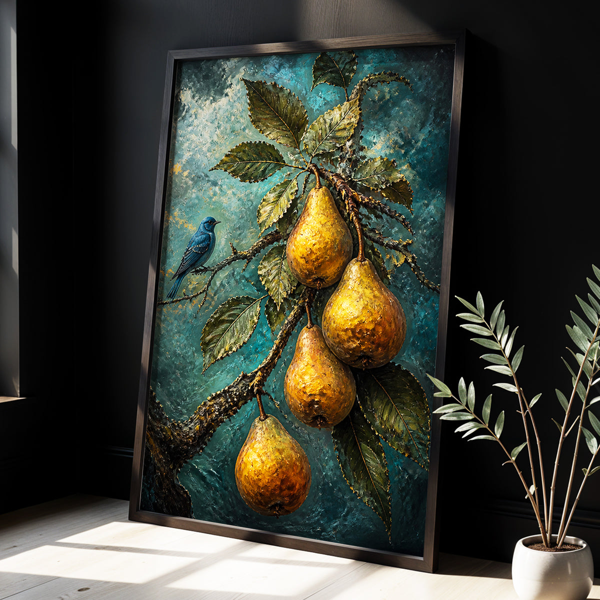 Bluebird and Golden Pears, blue, green, gold nature wall art displayed in a styled interior, gallery view 3