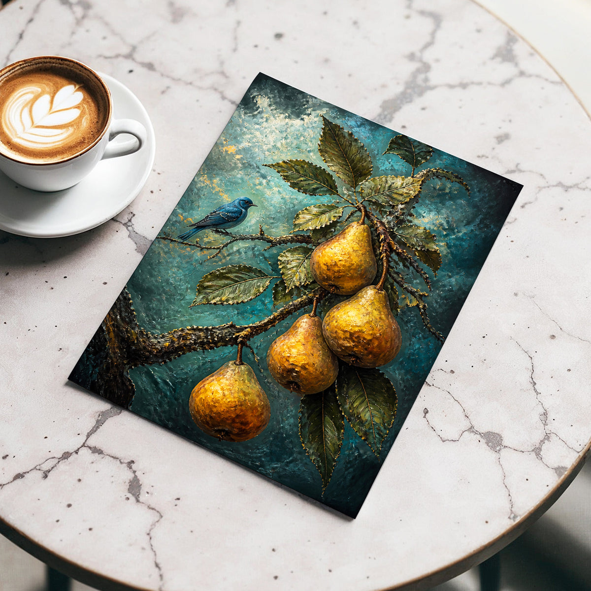 Bluebird and Golden Pears, blue, green, gold nature wall art displayed in a styled interior, gallery view 4