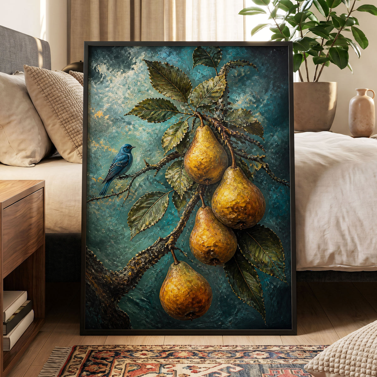 Bluebird and Golden Pears, blue, green, gold nature wall art displayed in a styled interior, gallery view 5
